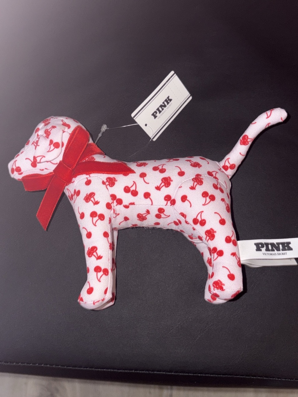PINK Victoria's Secret White & Red Cherry-Print Plush Dog with Bow
